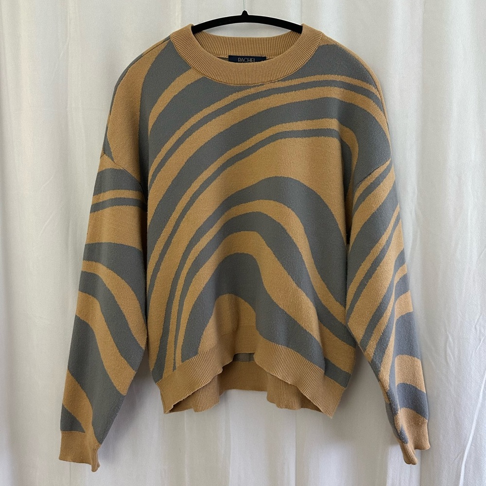 Rachel By Rachel Roy Tan & Gray Swirl Patterned Crewneck Sweater Womens Size L
